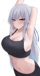  1girl absurdres armpits arms_up black_tank_top blush breasts cleavage commentary crop_top grey_hair highres honkai:_star_rail honkai_(series) jingliu_(honkai:_star_rail) large_breasts long_hair looking_at_viewer midriff namikare navel red_eyes solo stomach sweat sweaty_armpits tank_top upper_body very_long_hair 
