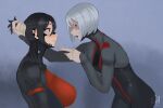  2girls android angry ariane_yeong black_hair cyberpunk elster_(signalis) gretarting highres joints mechanical_parts metal_skin multiple_girls open_mouth red_eyes robot_girl robot_joints signalis uniform white_hair 