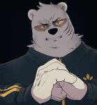  1boy angry bear_boy black_background black_track_suit clenched_teeth cracking_knuckles facing_viewer furry furry_male glasses highres looking_at_viewer odd_taxi omochiutyu scar scar_on_cheek scar_on_face sekiguchi_(odd_taxi) snout solo teeth track_suit uneven_eyes v-shaped_eyebrows veins white_fur 