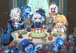  1boy 4girls :d :t ^_^ ahoge ascot asymmetrical_bangs asymmetrical_gloves black_eyes black_gloves blonde_hair blue_ascot blue_bow blue_coat blue_eyes blue_hair blue_hat blue_jacket blush blush_stickers book bookshelf boots bottle bow box bright_pupils brooch brown_hair bubble cake cake_slice chair chalice closed_eyes closed_mouth coat commentary cup cupcake curtains dress drinking eating elbow_rest english_commentary eyelashes feather_hair_ornament feathers flower flying food fork frilled_sleeves frills furina_(genshin_impact) genshin_impact gentilhomme_usher gift gift_box gloves gold_trim hair_between_eyes hair_flower hair_intakes hair_ornament halo hand_up hat hat_bow head_rest heterochromia highres holding holding_cup holding_food holding_fork indoors jacket jewelry lapels long_hair long_sleeves looking_at_viewer lumine_(genshin_impact) macaron mademoiselle_crabaletta medium_hair melusine_(genshin_impact) mismatched_gloves multicolored_hair multiple_girls neuvillette_(genshin_impact) on_chair open_mouth paimon_(genshin_impact) parted_bangs pixel_art plate pointy_ears ppyok_1017 romper round_table saucer sedene_(genshin_impact) short_hair short_hair_with_long_locks sidelocks single_thighhigh sitting sleeve_cuffs sleeveless sleeveless_dress smile sparkle star_(symbol) star_hair_ornament streaked_hair surintendante_chevalmarin swept_bangs table teacup teeth thighhighs tilted_headwear top_hat tray u_u upper_teeth_only vambraces white_ascot white_dress white_flower white_footwear white_gloves white_hair white_pupils white_romper white_thighhighs window 