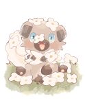  :d animal_focus blue_eyes brown_fur commentary_request dated dog fangs flower looking_at_viewer mkt_(buizu-miki) no_humans on_grass pawpads pokemon pokemon_(creature) rockruff signature simple_background sitting smile white_background white_flower 