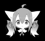  1girl 3yo4yo5yo :3 ahoge animal_ear_fluff animal_ears black_background bow cat_ears cat_girl cropped_head furry furry_female greyscale hair_bow looking_at_viewer monochrome no_nose original portrait simple_background solo tareme twintails 