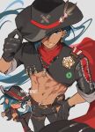  1boy arm_up artist_name belt blue_eyes blue_hair boothill_(honkai:_star_rail) boothill_(honkai:_star_rail)_(cosplay) chibi chibi_inset closed_mouth cosplay cowboy_hat crop_top cropped_jacket dark-skinned_male dark_skin ear_piercing genshin_impact gloves hair_over_one_eye hand_on_headwear hand_on_own_hip hat hip_vent honkai:_star_rail honkai_(series) jacket kaeya_(genshin_impact) long_hair looking_at_viewer male_focus multiple_views navel pants parted_lips piercing red_scarf revealing_clothes scarf smile stomach toned toned_male very_long_hair whirldraws zipper zipper_pull_tab 