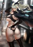  1girl artoria_pendragon_(fate) artoria_pendragon_(lancer_alter)_(fate) ass back blonde_hair braid breasts clenched_teeth fate/grand_order fate_(series) hair_between_eyes highres horns jacket jacket_on_shoulders jikihatiman large_breasts long_hair looking_at_viewer looking_back sidelocks solo teeth thighhighs thighs yellow_eyes 