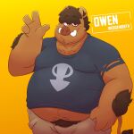  2021 anthro bottomwear brown_body brown_fur bulge clothing fur hi_res humanoid_hands leonthelionel male mammal overweight overweight_male pants shirt simple_background solo suid suina sus_(pig) text topwear wild_boar yellow_background 