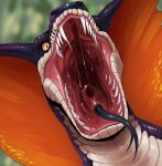 absurd_res ambiguous_gender anthro black_tongue bodily_fluids forked_tongue front_view hi_res imperatorcaesar mouth_shot no_sclera open_mouth purple_body reptile saliva saliva_string scales scalie sharp_teeth snake solo teeth tongue white_body white_scales yellow_eyes