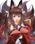  1girl absurdres amagi-chan_(azur_lane) animal_ears azur_lane bangs blunt_bangs brown_hair candy commentary_request food fox_ears fox_girl fox_tail hair_ribbon highres huge_filesize kyuubi lollipop long_hair looking_at_viewer manjuu_(azur_lane) mouth_hold multiple_tails off-shoulder_kimono off_shoulder purple_eyes ribbon rope sazuna_(user_gepn5443) shimenawa sidelocks simple_background sleeves_past_wrists solo tail thick_eyebrows twintails white_background wide_sleeves 