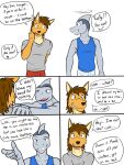  anthro canid canine canis clothed clothing comic coyote dialogue duo embarrassed english_text fish fully_clothed fuze hi_res ian_(fuze) male male/male mammal marine mond_reyes shark shirt simple_background t-shirt tank_top texnatsu text topwear white_background 