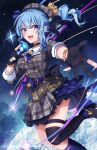  1girl :d asymmetrical_legwear belt beret black_gloves black_thighhighs blue_belt blue_eyes blue_hair blue_socks blush bracelet dress foot_out_of_frame gloves hat holding holding_microphone hololive hoshimachi_suisei hoshimachi_suisei_(1st_costume) jewelry k-rumi microphone mismatched_legwear outstretched_arm partially_fingerless_gloves plaid plaid_dress reaching reaching_towards_viewer side_ponytail smile socks solo star_(sky) teeth thigh_strap thighhighs upper_teeth_only 