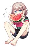  1girl barefoot blue_eyes earrings eating food food_bite fruit full_body grey_hair highres holding holding_food holding_fruit idolmaster idolmaster_shiny_colors jewelry open_mouth polo_shirt sasasasa serizawa_asahi shirt short_hair short_sleeves shorts simple_background single_earring solo sound_effects teeth upper_teeth_only water_drop watermelon watermelon_slice white_background 