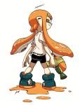  1girl aqua_footwear arms_at_sides artist_name bike_shorts black_shorts closed_mouth copyright_name from_behind full_body highres holding holding_weapon inkling inkling_girl inkling_player_character long_hair looking_at_viewer looking_back orange_eyes orange_hair pointy_ears print_shirt puddle shirt shogo_(shogo70449442) short_sleeves shorts simple_background smile solo splatoon_(series) splatoon_1 splattershot_(splatoon) standing suction_cups tentacle_hair twintails weapon white_background white_shirt 