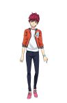  1boy black_pants bracelet brown_eyes closed_mouth full_body highres ikebukuro_ace jacket jewelry king_of_prism king_of_prism:_shiny_seven_stars looking_at_viewer male_focus official_art open_clothes open_jacket orange_jacket pants pink_footwear pretty_rhythm pretty_series red_hair second-party_source shirt shoes short_hair simple_background smile solo standing tachi-e transparent_background white_shirt 