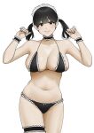  1girl bare_shoulders belly bikini black_bikini black_choker black_hair breasts brown_eyes choker cleavage closed_mouth collarbone commentary_request frilled_bikini frilled_choker frilled_wristband frills hands_up highres large_breasts looking_at_viewer maid maid_bikini maid_headdress navel original simple_background smile solo stomach swimsuit tantanmen72 thigh_strap thighs twintails unconventional_maid white_background white_headdress wristband 