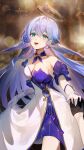  1girl 1other absurdres bare_shoulders black_gloves blue_hair blurry blurry_background bracelet breasts brown_background choker cleavage cowboy_shot detached_sleeves dress gloves green_eyes half_gloves halo_behind_head hand_grab head_wings highres honkai:_star_rail honkai_(series) jewel_under_eye jewelry k/a light_particles long_hair looking_at_viewer manicure medium_breasts open_mouth pearl_bracelet purple_choker purple_dress purple_sleeves robin_(honkai:_star_rail) short_sleeves skirt_hold solo solo_focus strapless strapless_dress teeth two-tone_dress upper_teeth_only white_dress white_gloves wings 