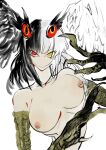  1girl absurdres black_hair black_souls black_wings breasts claws harpy head_wings heterochromia highres jubjub_(black_souls) kentrol large_breasts looking_at_viewer medium_hair mismatched_wings monster_girl multicolored_hair nipples portrait ribs simple_background solo split-color_hair talons white_background white_hair white_wings wings 