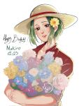  1girl anyumii136 blush bouquet brown_eyes character_name commentary dated flower green_hair hair_flower hair_ornament happy_birthday hat highres holding holding_bouquet looking_down makino_(one_piece) one_piece red_shirt shirt sidelocks simple_background smile straw_hat white_background 