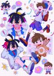  ! 2boys apple backpack bag black_hair blush brown_eyes brown_hair candy candy_apple chibi clenched_hands closed_eyes cm_wm confetti crossed_bangs florian_(pokemon) food fruit gloves hands_on_own_head hat highres holding holding_food holding_fruit holding_pokemon jacket kieran_(pokemon) lollipop male_focus multiple_boys multiple_views open_mouth orange_eyes pokemon pokemon_(creature) school_uniform sentret shirt shoes shorts single_glove socks spoken_exclamation_mark uva_academy_school_uniform yellow_eyes 
