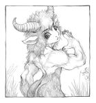 anthro back_muscles biped border bovid caprine fur goat graphite_(artwork) grass hair looking_back male mammal marudi monochrome muscular muscular_anthro muscular_male nude outside pencil_(artwork) plant rear_view solo standing tail traditional_media_(artwork) white_border
