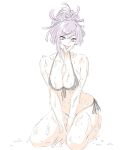  1girl bikini breasts highres jigokuraku kishimen_hair large_breasts looking_at_viewer mitsugu navel pink_hair purple_hair simple_background sketch solo swimsuit thighs tongue tongue_out topknot white_background yuzuriha_(jigokuraku) 