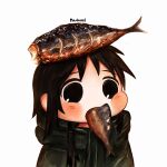  1girl absurdres black_eyes black_hair blush chibi chito_(shoujo_shuumatsu_ryokou) coat commentary eating english_text food food_in_mouth food_on_head green_coat highres long_hair low_twintails mackerel_(fish) mouth_hold no_nose object_on_head puffy_cheeks raised_eyebrows shoujo_shuumatsu_ryokou simple_background solo stuffing_scone symbol-only_commentary twintails upper_body white_background 