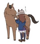  1girl animal_ears beanie brown_footwear brown_hair brown_hat coat commentary creature_and_personification hat horse horse_ears horse_girl horse_tail loafers long_hair long_sleeves nakayama_festa_(racehorse) nakayama_festa_(umamusume) purple_skirt purple_thighhighs real_life school_uniform shoes skirt tail tail_through_clothes takadano_paka thighhighs tracen_school_uniform translated umamusume winter_clothes winter_coat winter_uniform 