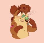 2023 anthro band-aid band-aid_on_arm bandage black_eyes bluey_(series) blush brown_body brown_ears brown_fur brown_hair canid canine canis digital_media_(artwork) domestic_dog facial_piercing fangs fur green_nose hair half-closed_eyes male mammal multicolored_body multicolored_fur narrowed_eyes nose_piercing nose_ring piercing pink_background question_mark ring_piercing shaibey sharp_teeth simple_background smile solo speech_bubble teeth tongue