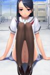  1girl bottomless brown_thighhighs censored dress expressionless ino_(magloid) looking_at_viewer mochizuki_nonoka mu_soft no_panties on_roof otome_function pussy sailor_dress school_uniform serafuku sitting solo thighhighs white_dress 