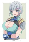  1girl artist_name blue_eyes blue_gloves braid breasts bright_pupils character_request cleavage cleavage_cutout clothing_cutout commentary copyright_request dated gloves green_background grey_hair hair_ornament hairclip highres kichihachi large_breasts looking_at_viewer open_mouth short_hair simple_background single_braid solo two-tone_background upper_body white_background white_pupils 