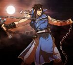  1boy absurdres bangs black_gloves blue_eyes castlevania closed_mouth cloud cowboy_shot cross fingerless_gloves full_moon gloves hairband highres holding holding_weapon ishmi looking_at_viewer male_focus moon muscular night outdoors outstretched_arms pants richter_belmont short_hair smile solo standing torn_clothes torn_sleeves v-shaped_eyebrows weapon whip white_hairband white_pants 