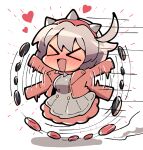 &gt;_&lt; ahoge blush chibi cropped_jacket dress elphelt_valentine excited guilty_gear guilty_gear_strive hairband heart itsuka_neru jacket open_clothes open_jacket open_mouth pink_hairband pink_jacket simple_background smile spiked_hairband spikes white_background white_dress white_hair 