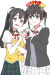  2girls black_hair black_jacket collared_shirt copyright_name gradient_hair green_eyes green_hair green_skirt grey_eyes grey_vest hair_between_eyes heart heart_hands heart_hands_duo highres jacket l!_l!_l!_(love_the_life_we_live) long_sleeves looking_at_viewer love_live! love_live!_nijigasaki_high_school_idol_club majime_na_gakuinsei multicolored_hair multiple_girls neck_ribbon nijigasaki_academy_school_uniform official_alternate_hairstyle open_clothes open_jacket open_mouth plaid plaid_skirt pleated_skirt ponytail puffy_short_sleeves puffy_sleeves red_ribbon ribbon school_uniform shirt short_sleeves sidelocks skirt smile standing takasaki_yu twintails upper_body vest white_background white_shirt white_skirt winter_uniform yellow_shirt yuki_setsuna_(love_live!) 