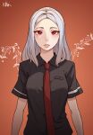  1girl absurdres artist_name black_shirt collared_shirt expressionless fang highres kingpaca long_hair looking_at_viewer necktie orange_background original red_eyes red_neckwear shirt short_sleeves solo vampire white_hair 