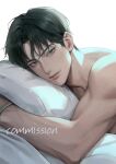  1boy 9taex absurdres black_hair bracelet closed_mouth green_eyes head_on_pillow highres jewelry light light_smile looking_at_viewer male_focus mole mole_under_eye nude on_bed original pillow short_hair simple_background solo white_background 
