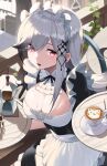  1girl alternate_costume azur_lane breasts butterfly_hair_ornament center_opening cleavage coffee coffee_cup cup disposable_cup dunkerque_(azur_lane) enmaided eyes_visible_through_hair hair_ornament jsih large_breasts long_hair maid maid_headdress red_eyes silver_hair sweat 