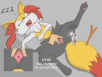 absurd_res anthro anus black_body black_fur braixen duo female fur generation_6_pokemon genitals hi_res male male/female nintendo pokemon pokemon_(species) pussy red_body simple_background sleeping soul_healer spread_pussy spreading