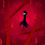  ambiguous_gender animal_humanoid anthro arthropod black_body cloak clothed clothing eyeshadow grimm_(hollow_knight) hollow_knight humanoid insect lixten16 makeup male nintendo not_furry red_background red_eyes simple_background solo tall team_cherry unknown_species video_games 