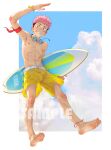  1boy abs anklet arm_ribbon barefoot beitemian blue_background border cloud full_body goggles goggles_around_neck itadori_yuuji jewelry jujutsu_kaisen looking_at_viewer male_focus navel nipples pink_hair red_ribbon ribbon salute sample_watermark shorts sky smile solo surfboard teeth topless_male undercut watermark white_border yellow_shorts 