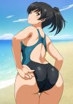  1girl adjusting_clothes adjusting_swimsuit amagami ass beach black_hair black_one-piece_swimsuit blue_sky breasts brown_eyes cloud competition_swimsuit cowboy_shot day from_behind highres horizon looking_at_viewer looking_back medium_breasts ocean one-piece_swimsuit outdoors ponytail sky solo swimsuit tsukahara_hibiki two-tone_swimsuit yuuyuu_(3jjbn) 