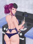 1girl absurdres alternate_hairstyle apron ass bacon bare_arms bare_back bare_shoulders blue_apron blue_panties commentary cowboy_shot fire_emblem food fried_egg frying_pan highres holding holding_frying_pan holding_spatula indoors ivy_(fire_emblem) kitchen long_hair looking_at_viewer obsidianwasp panties purple_eyes purple_hair sidelocks smile solo spatula standing stove underwear 