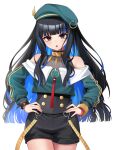  1girl absurdres bare_shoulders beret black_hair blue_hair bracelet colored_inner_hair fate/grand_order fate_(series) hands_on_own_hips hat highres hoshino_reiji jacket jewelry long_hair looking_at_viewer looking_over_eyewear multicolored_hair neck_ring open_mouth sunglasses tenochtitlan_(fate) tenochtitlan_(second_ascension)_(fate) white_background 