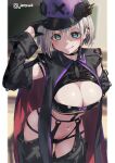  1girl :q aqua_eyes black_choker black_gloves black_jacket black_sleeves blurry blurry_background breasts cape choker cleavage commentary_request detached_sleeves gloves grey_hair hair_between_eyes half_gloves hat jacket jonsun large_breasts looking_at_viewer navel original purple_hat red_cape riku_(jonsun) short_hair solo thighs tongue tongue_out twitter_username 