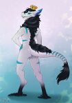 abstract_background back_tuft crown digitigrade facial_piercing feet hair headgear hi_res king_chulapa looking_at_viewer looking_back looking_back_at_viewer male neck_tuft nose_piercing nose_ring piercing pig_(artist) prehensile_feet ring_piercing sergal smile solo tail tail_tuft toes tuft