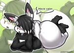 anthro big_butt black_hair butt clothing footwear girly green_eyes hair hi_res jacket lagomorph leporid male mammal rabbit scar socks solo spanish_text text thedeathcrow05 topwear white_body