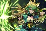  1girl absurdres animal_ears arrow_(projectile) atalanta_(fate) black_gloves black_skirt blonde_hair bow_(weapon) braid breasts cat_ears cat_tail cleavage cleavage_cutout clothing_cutout dress ebora fate/apocrypha fate_(series) french_braid gloves gradient_hair green_dress green_eyes green_hair highres layered_skirt long_hair medium_breasts multicolored_hair puffy_short_sleeves puffy_sleeves short_sleeves skirt tail weapon 