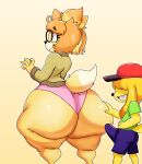 anthro big_butt blonde_hair bottomwear butt canid canine canis clothing derpybelle domestic_dog duo erection eyewear female glasses hair hat headgear headwear hi_res huge_butt male mammal orange_hair panties shirt shorts smile tail thedeathcrow05 thick_thighs topwear underwear yellow_body