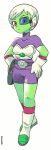  1girl alien bike_shorts bodysuit boots breasts cheelai colored_skin dragon_ball dragon_ball_super dragon_ball_super_broly eyelashes gloves green_skin hands_on_own_hips highres holster kanpappa medium_breasts pink_eyes scouter short_hair simple_background spandex white_background white_gloves white_hair 