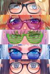  5girls bangs blonde_hair blue-tinted_eyewear blue_eyes blue_hair blunt_bangs gawr_gura glasses hair_ornament highres hololive hololive_english kikino looking_at_viewer monocle_hair_ornament mori_calliope multiple_girls ninomae_ina&#039;nis orange_hair pink-tinted_eyewear pink_hair pointy_ears purple_eyes purple_hair round_eyewear shutter_shades sunglasses takanashi_kiara watson_amelia 