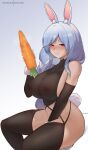  1girl absurdres animal_ears black_garter_straps black_sleeves black_thighhighs blue_hair blush braid breasts carrot closed_mouth commentary covered_nipples detached_sleeves garter_straps grey_background highres hioyami holding holding_carrot hololive huge_breasts long_hair looking_at_viewer mature_female patreon_username pekomama rabbit_ears rabbit_girl rabbit_tail red_eyes short_eyebrows sideboob single_braid sitting smile solo sweat symbol-only_commentary tail thick_eyebrows thighhighs thighs virtual_youtuber white_hair 