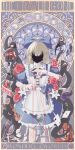  1girl absurdres ace_(playing_card) ace_of_diamonds ace_of_hearts alice_(black_souls) animalization apron armor bandersnatch_(black_souls) black_liquid black_souls blue_bow blue_dress blueberry bow cake cake_slice card character_name cheshire_cat_(black_souls) chess_piece chxulozsx club_(shape) collared_dress cookie covered_face cowboy_shot crown diamond_(shape) dodo_(black_souls) dormouse_(black_souls) dress drink_me_potion eat_me flower food frilled_apron frilled_dress frills fruit griffy_(black_souls) grimm_(black_souls) hair_bow hands_up head_wings heart highres holding holding_scissors ink jabberwock_(black_souls) jewelry king_(chess) lily_(flower) lorina_(black_souls) march_hare_(black_souls) margaret_von_tyrol_(black_souls) mock_turtle_(black_souls) mushroom node_(black_souls) playing_card puppet puppet_rings puppet_strings queen_(chess) raspberry red_flower red_rose ring rose saturn_symbol scissors shisha_(black_souls) snowman solo spade_(shape) spoilers strawberry tarot tentacles the_world_(tarot) two_of_clubs two_of_spades waist_bow white_apron white_flower wings wrist_cuffs 