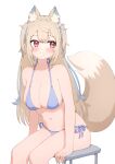  1girl :3 animal_ear_fluff animal_ears bikini blonde_hair blue_hair blue_nails blush breasts cleavage dog_ears dog_tail fang fuwawa_abyssgard hair_between_eyes halterneck highres hololive hololive_english large_breasts long_hair looking_to_the_side multicolored_hair navel nezunayu red_eyes side-tie_bikini_bottom simple_background sitting skindentation solo streaked_hair swimsuit tail virtual_youtuber white_background 